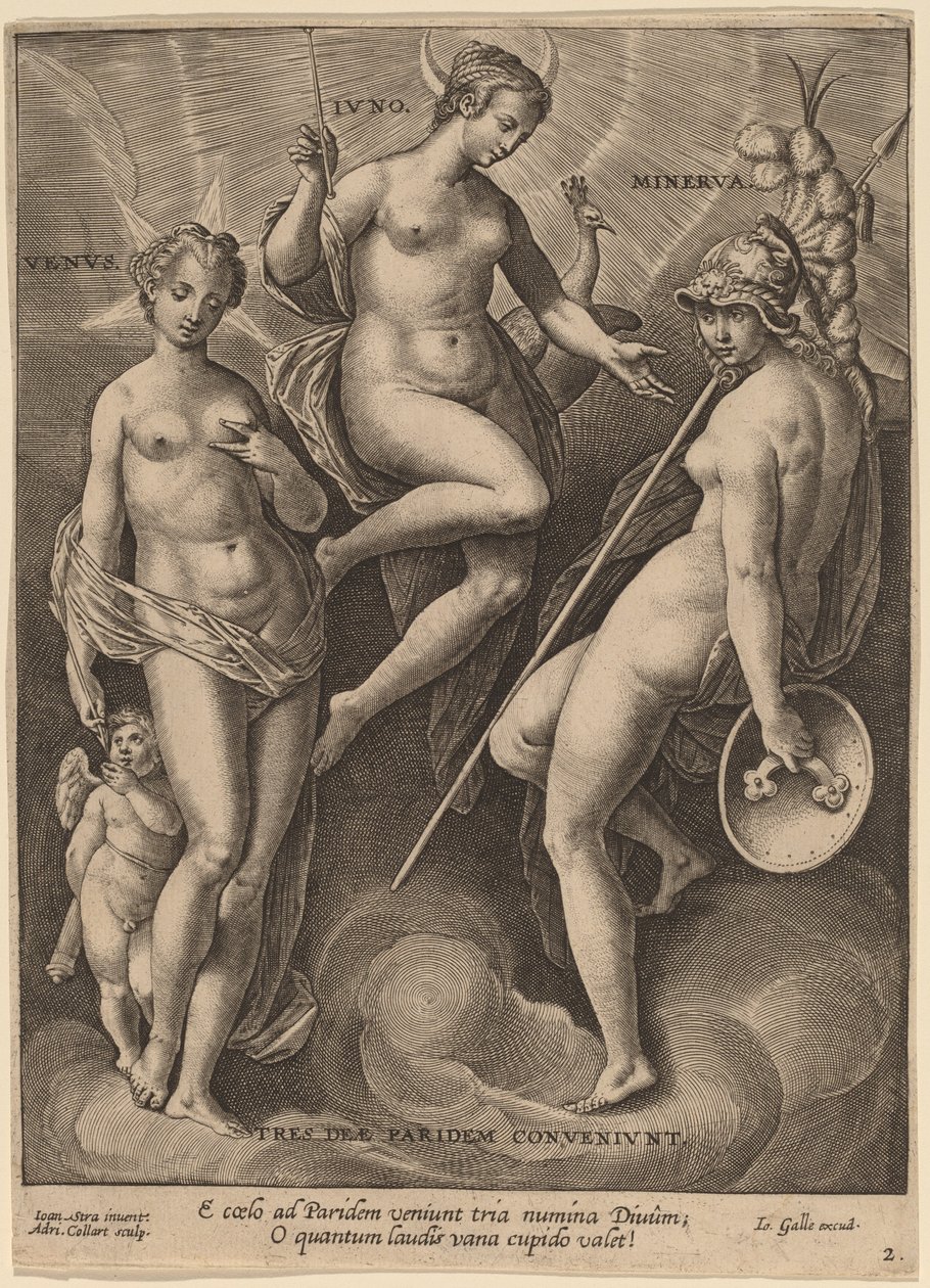 Venus, Juno en Minerva door Adriaen Collaert after Jan van der Straet