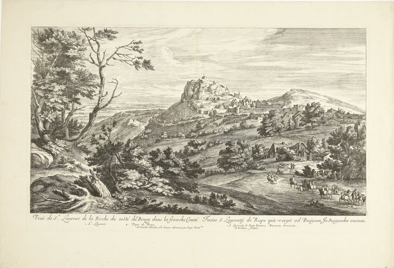 Gezicht op Saint Laurent de la Roche (Veuë de St. Laurent de la Roche du costé du Bourg dans la franche Comté) door Adriaen Frans Boudewyns