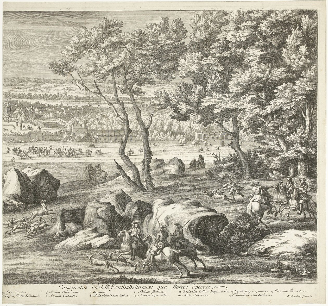 Gezicht op het kasteel van Fontainebleau (rechterblad) door Adriaen Frans Boudewyns