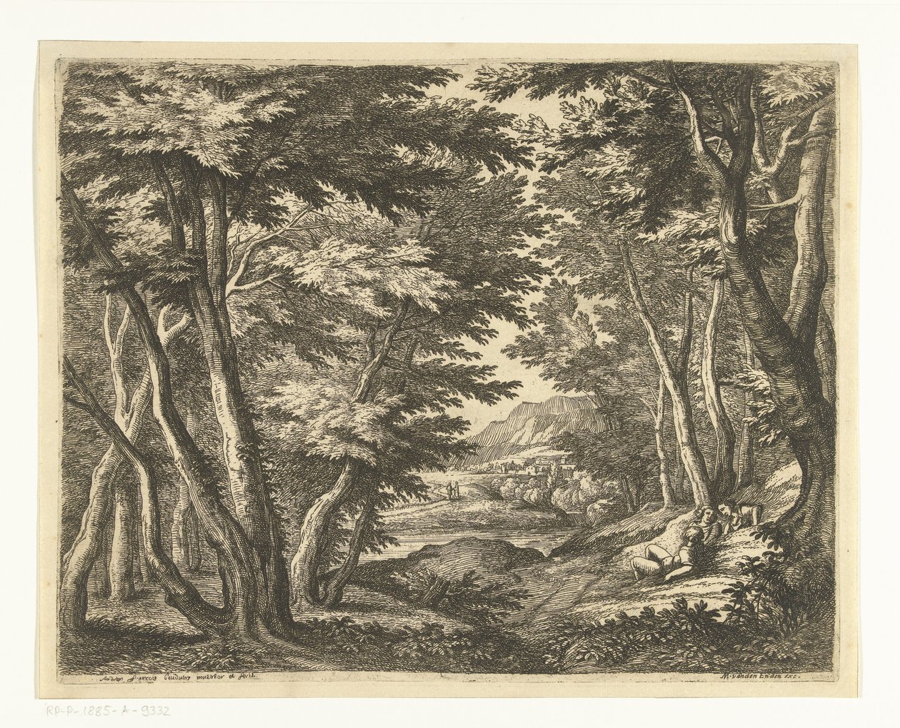 Landschap met drie mannen bij een open plek in het bos door Adriaen Frans Boudewyns