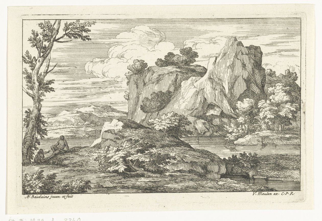 Landschap met grote rots bij een rivier door Adriaen Frans Boudewyns