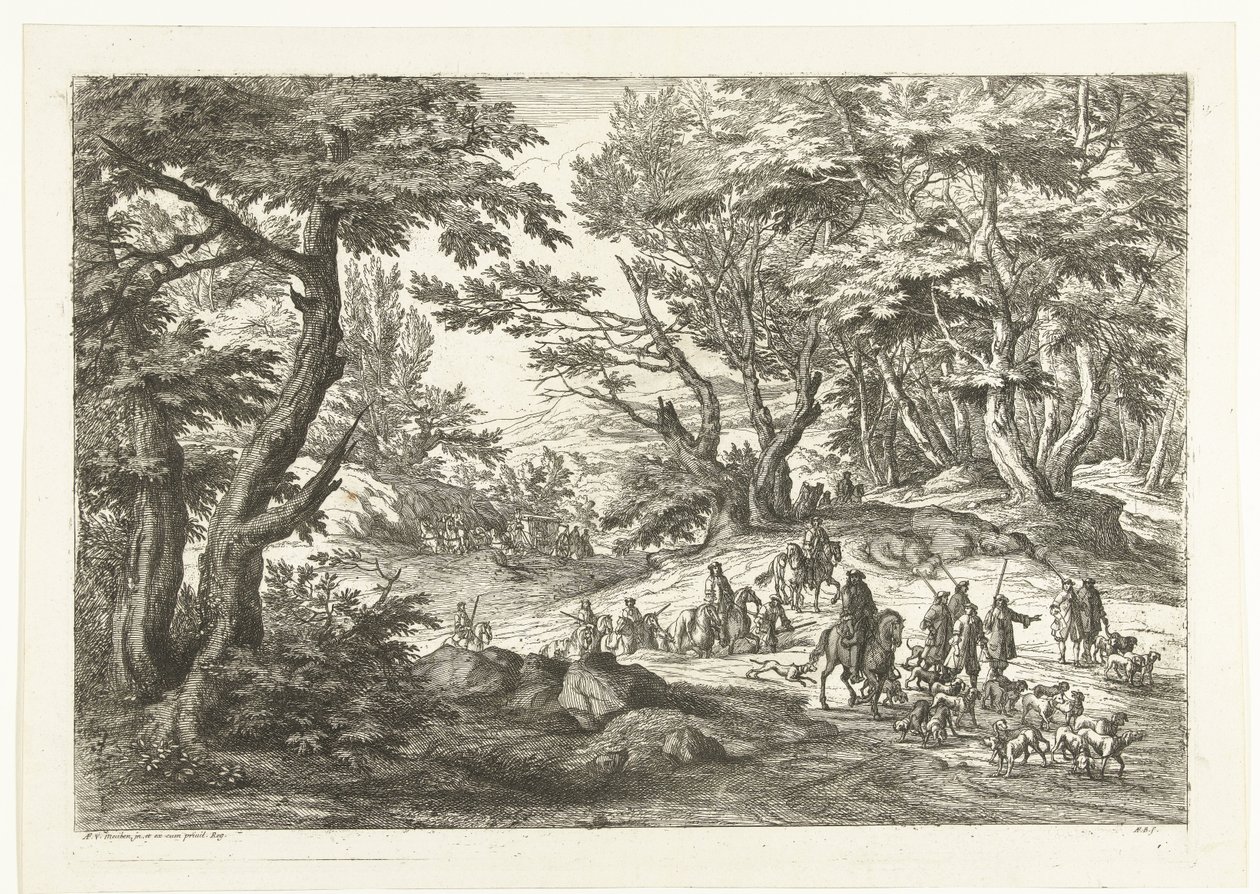 Landschap met jachtpartij Landschappen met jagers (serietitel) door Adriaen Frans Boudewyns