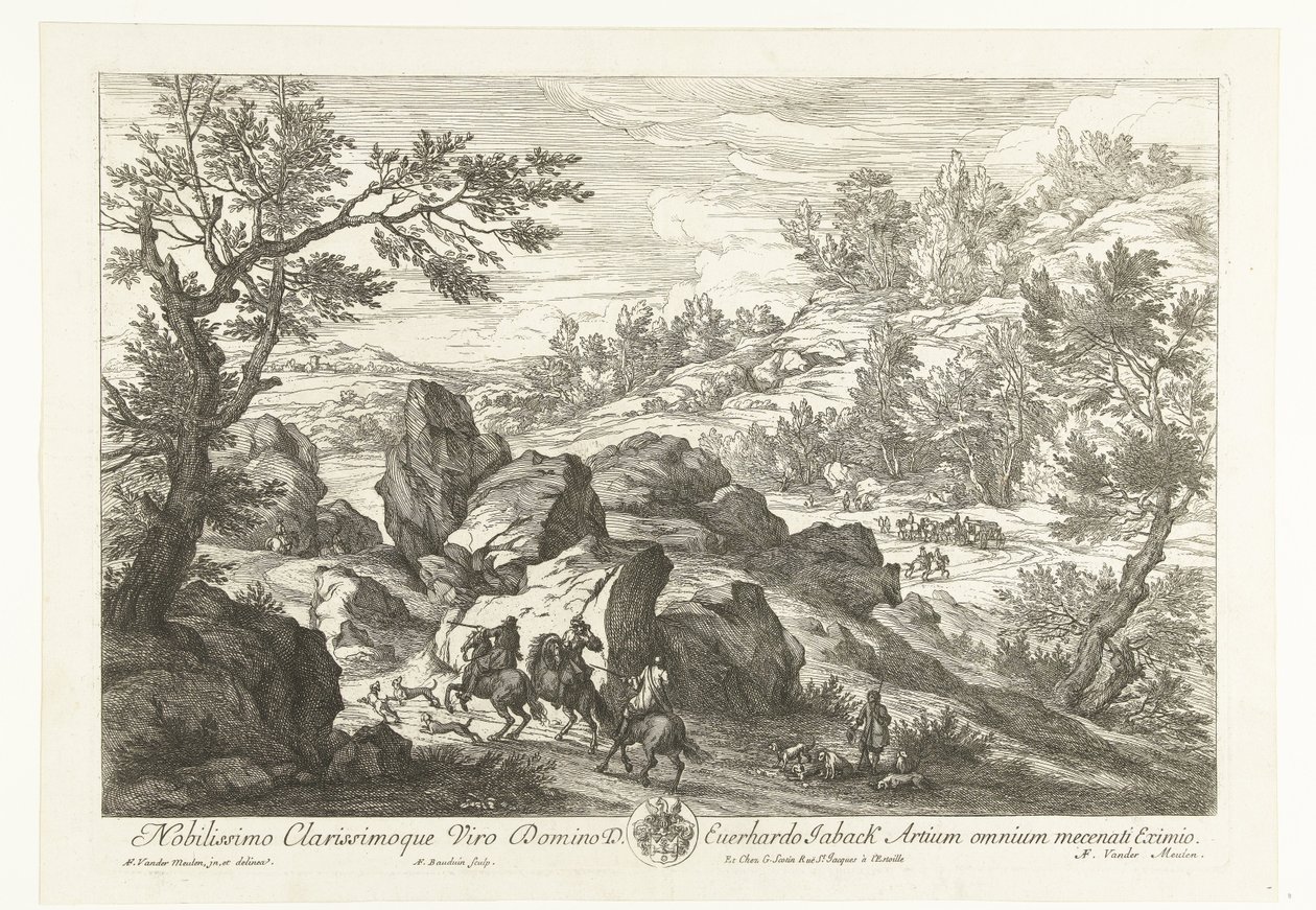 Landschap met ruiters bij rotspartij door Adriaen Frans Boudewyns