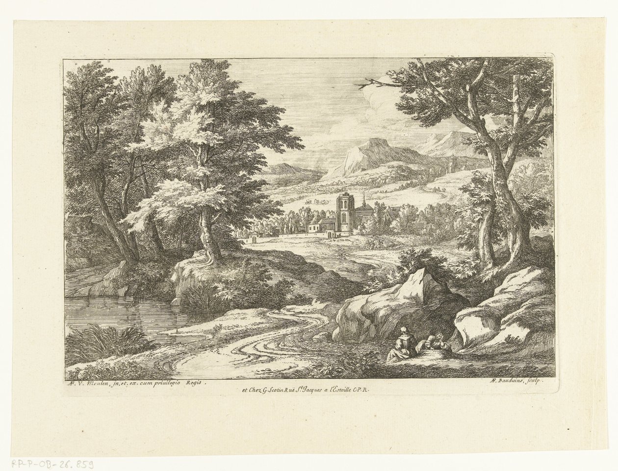 Landschap met twee figuren langs een weg, in de verte een kerk door Adriaen Frans Boudewyns