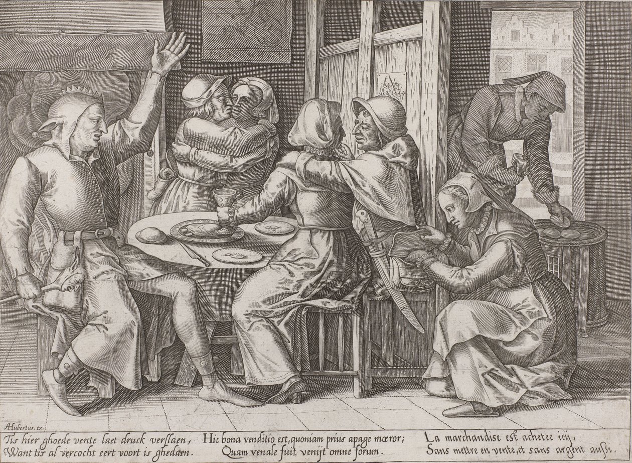Drinkend gezelschap met een nar door Adriaen Huybrechts (I)