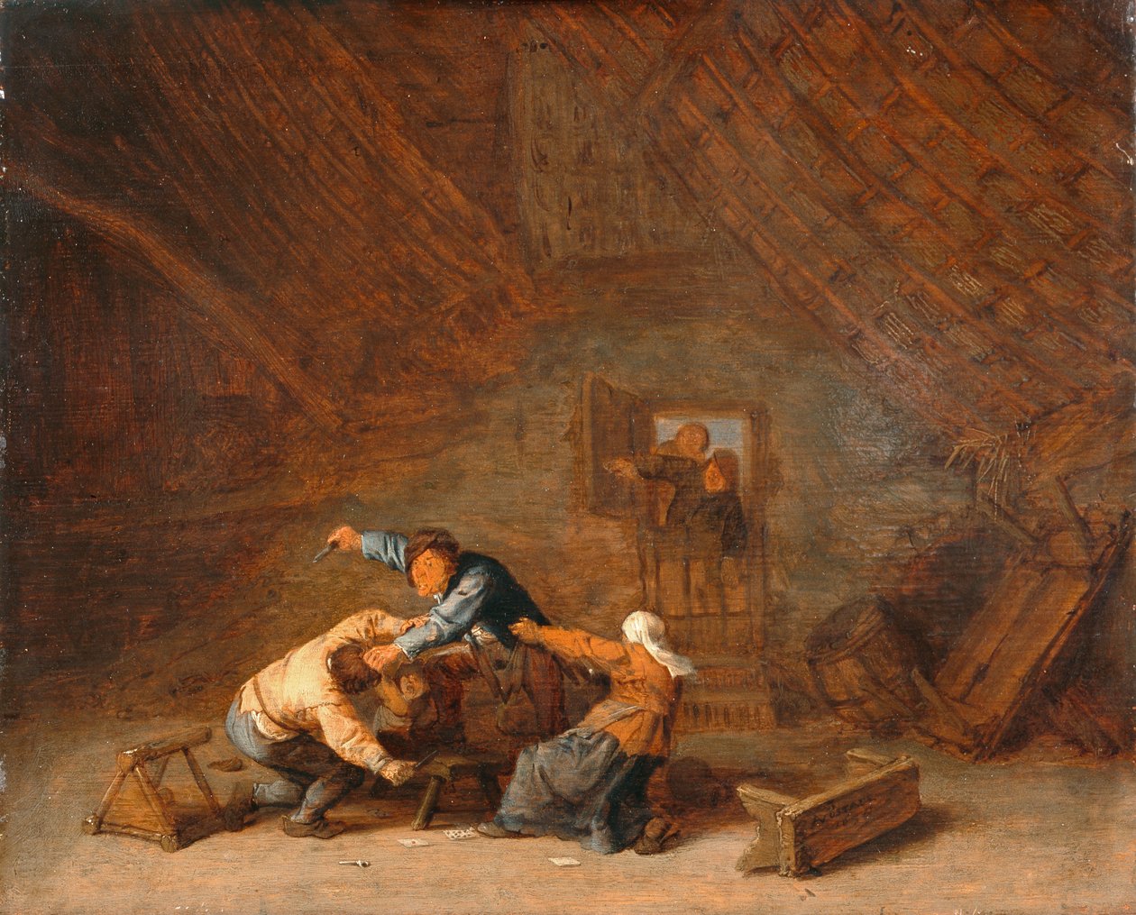 Interieur van een schuur met twee vechtende boeren door Adriaen Jansz. van (attr. to) Ostade