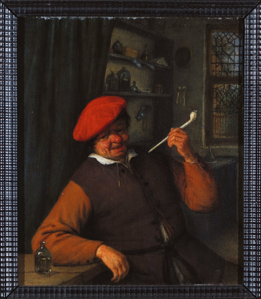 Een boer met een rode baret die een pijp rookt, in een interieur door Adriaen Jansz. van Ostade