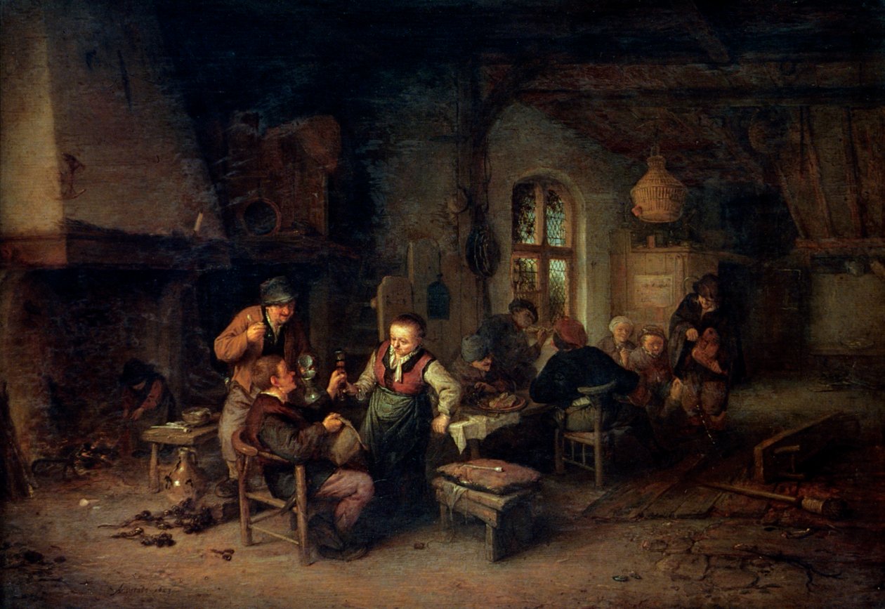 Het Interieur van een Herberg met Negen Boeren en een Draailier Speler, 1653 door Adriaen Jansz. van Ostade