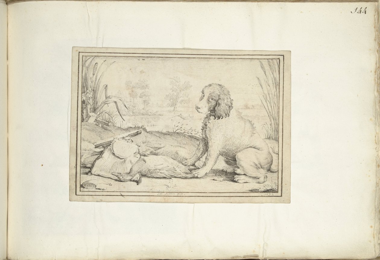 Hond naast jachtuitrusting en buit in landschap door Adriaen Matham (signed by artist)