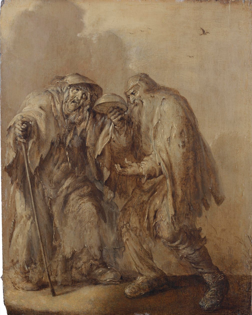 Een ouder bedelaarspaar houdt een lege kom omgekeerd; en brunaille (olieverf op paneel) door Adriaen Pietersz. van de Venne