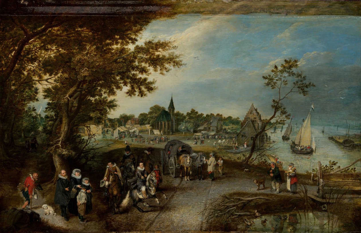 Landschap met figuren en een dorpsfeest door Adriaen Pietersz van de Venne