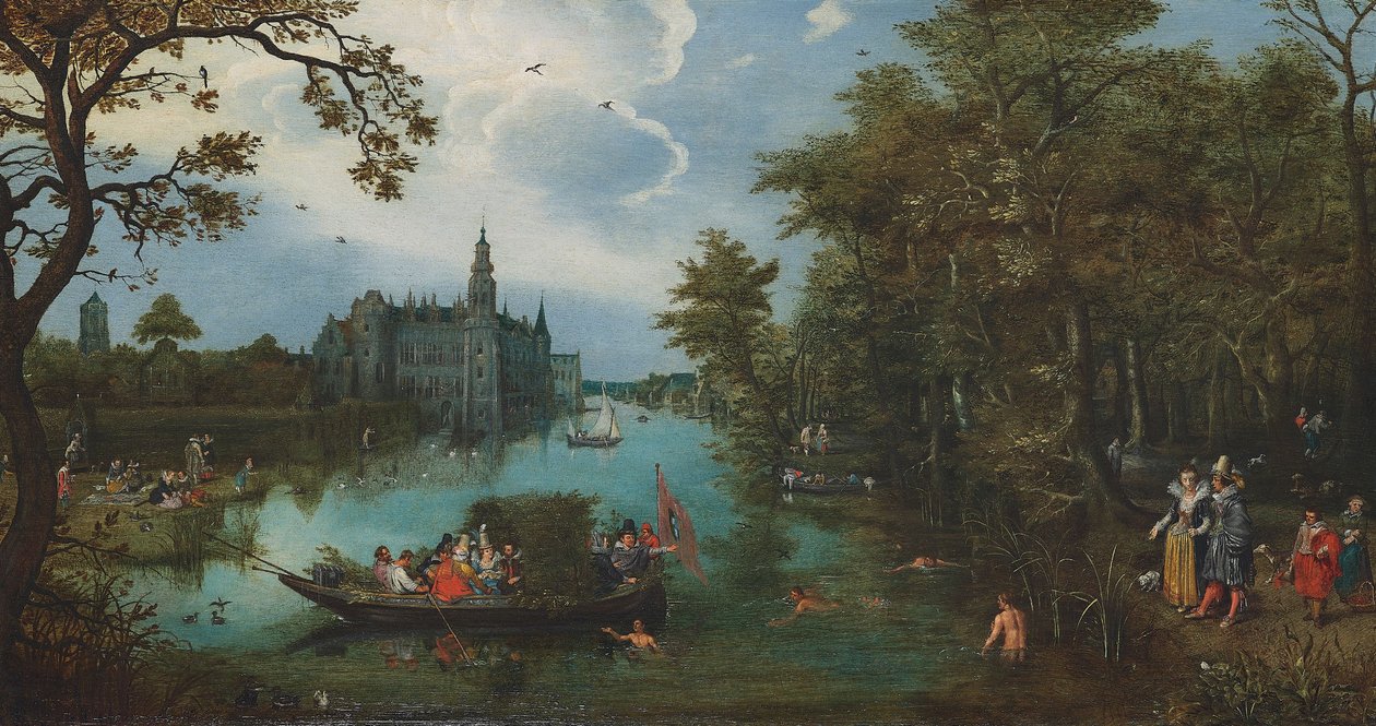 Zomers landschap met bootje en baders door Adriaen Pietersz. van de Venne