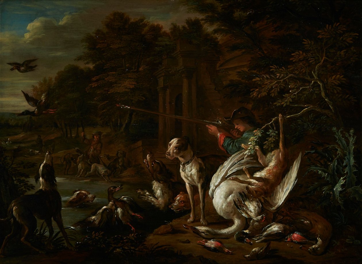 Jager met een dode zwaan aan de waterkant door Adriaen de Gryef