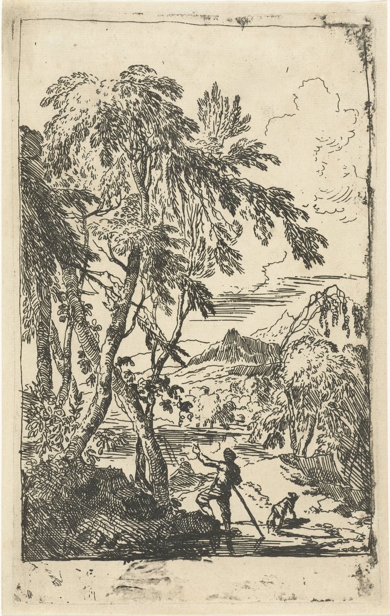 Bergachtig landschap met bomen en man met hond door Adriaen van Diest