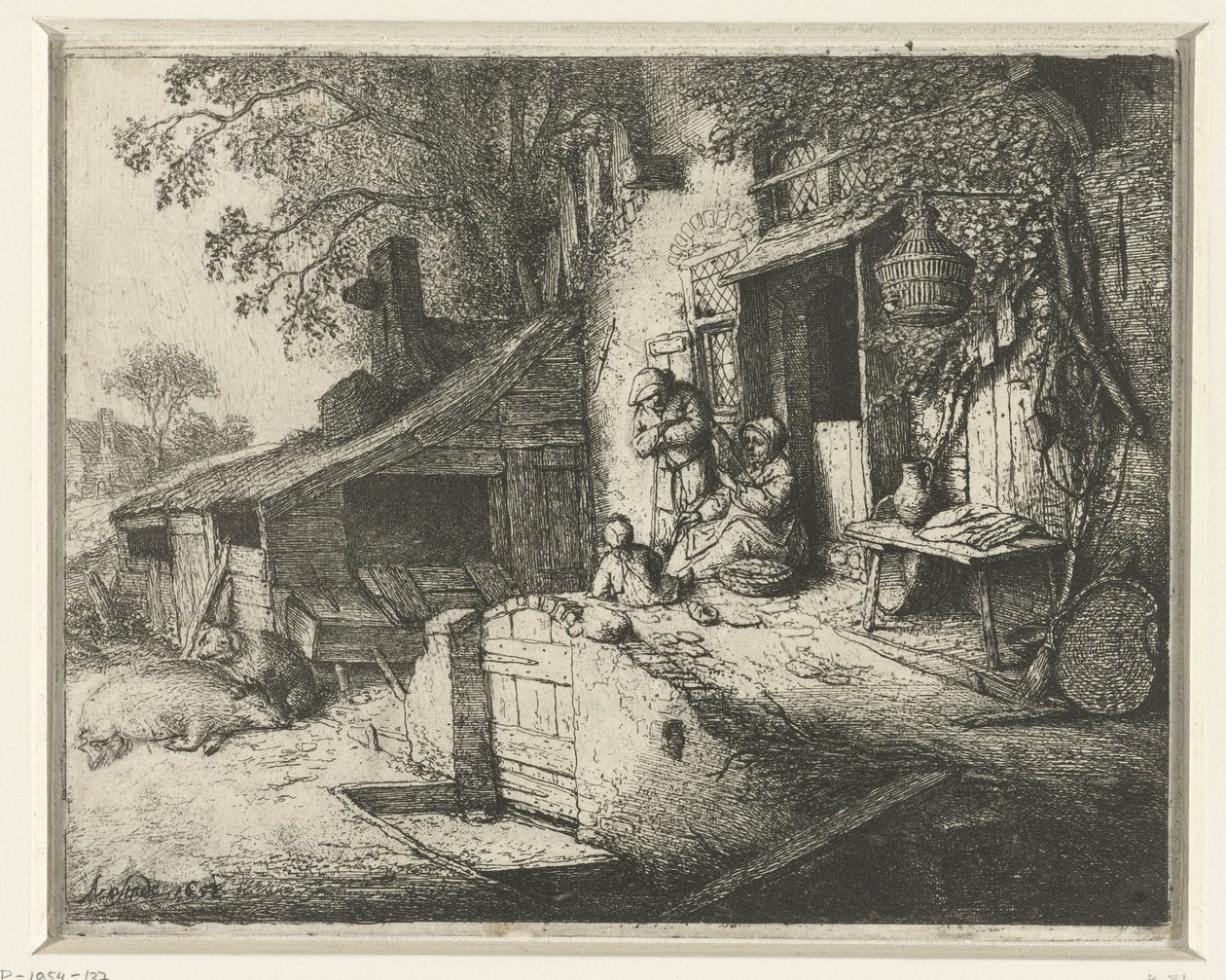 Spinnende vrouw voor een huis door Adriaen van Ostade (signed by artist)