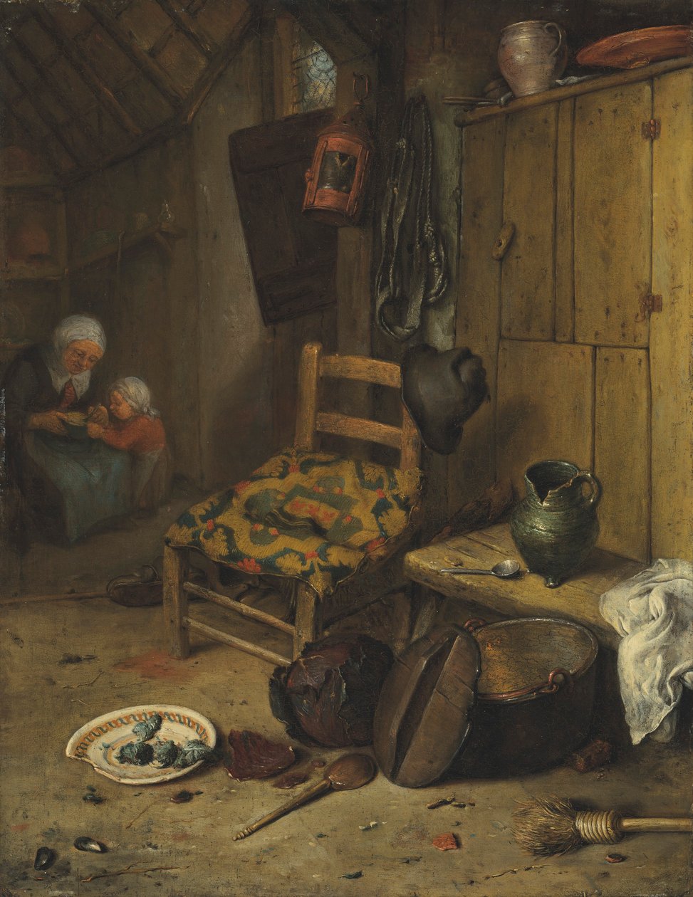 Een keukeninterieur met een moeder en kind
het wapen van de familie Van Doerne op het geweven kussen door Adriaen van Ostade