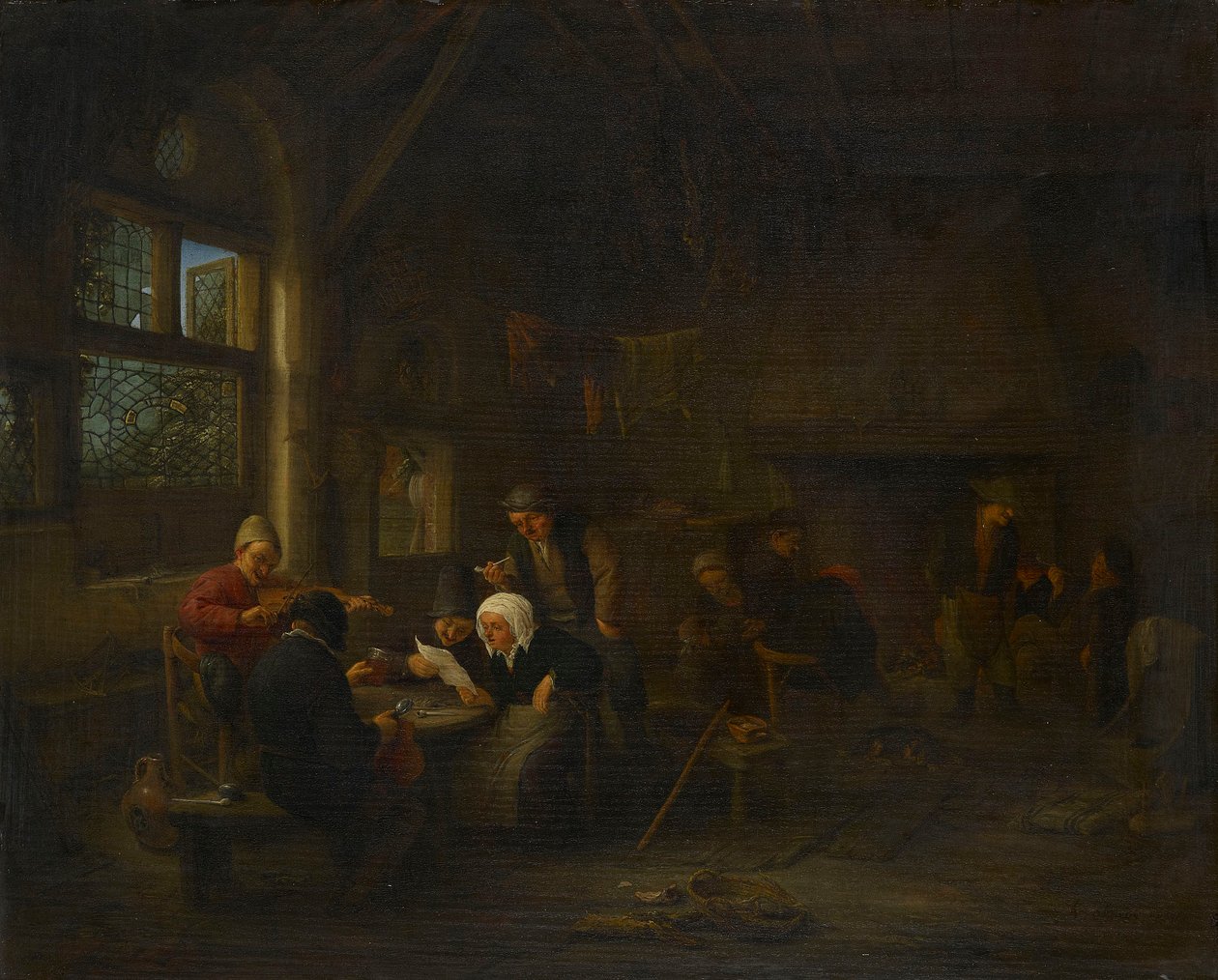 Een avondscène in een herberg, met een vioolspeler door Adriaen van Ostade