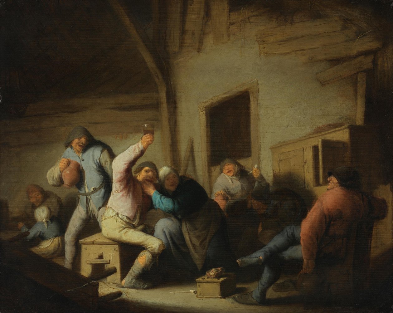 Uitgelaten boeren in een herberg door Adriaen van Ostade