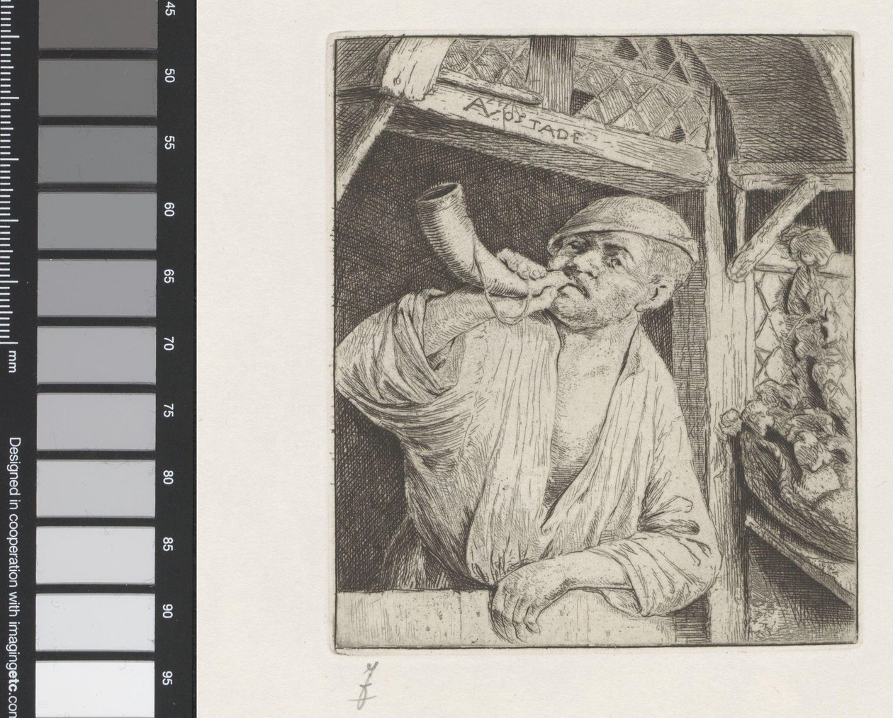 Bakker blaast op een hoorn door Adriaen van Ostade
