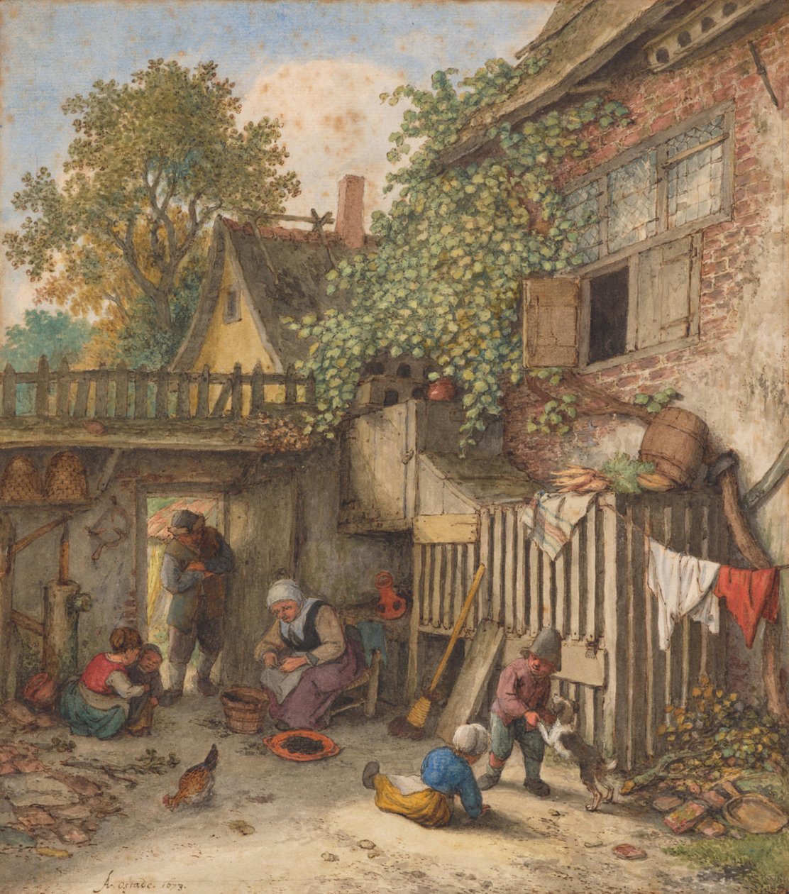 Binnenplaats met een vrouw die mosselen schoont door Adriaen van Ostade