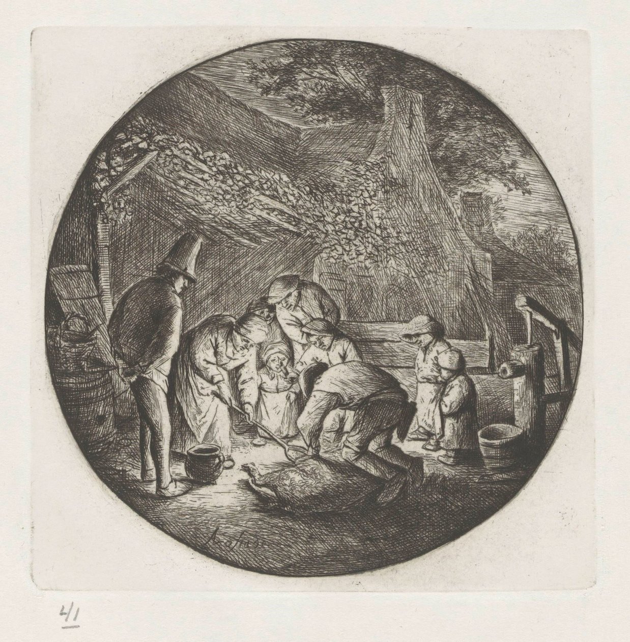 Boerenfamilie bij het slachten van een varken door Adriaen van Ostade
