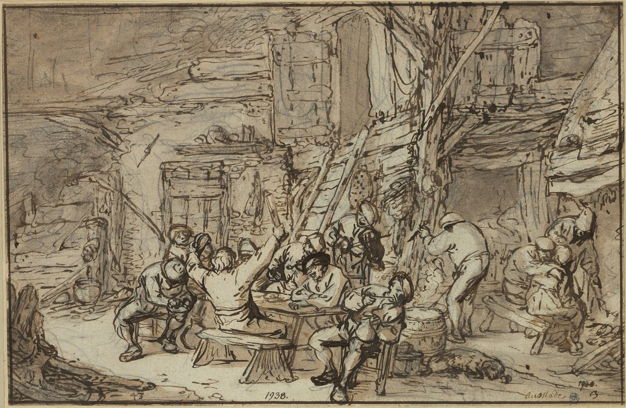 Feestvierende boeren in een herberg met een violist door Adriaen van Ostade