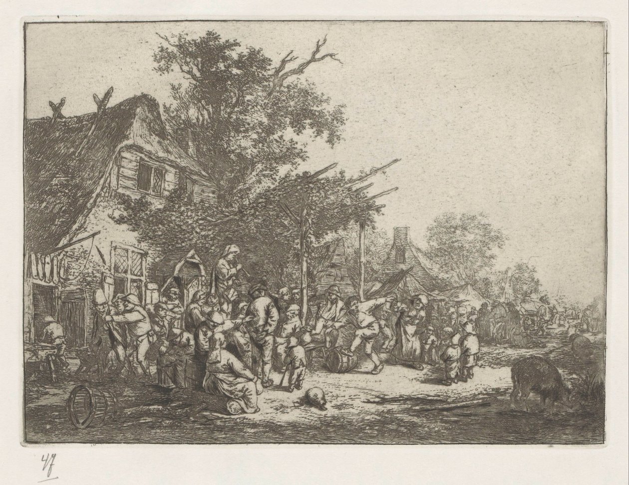 Dansende boeren voor een herberg door Adriaen van Ostade