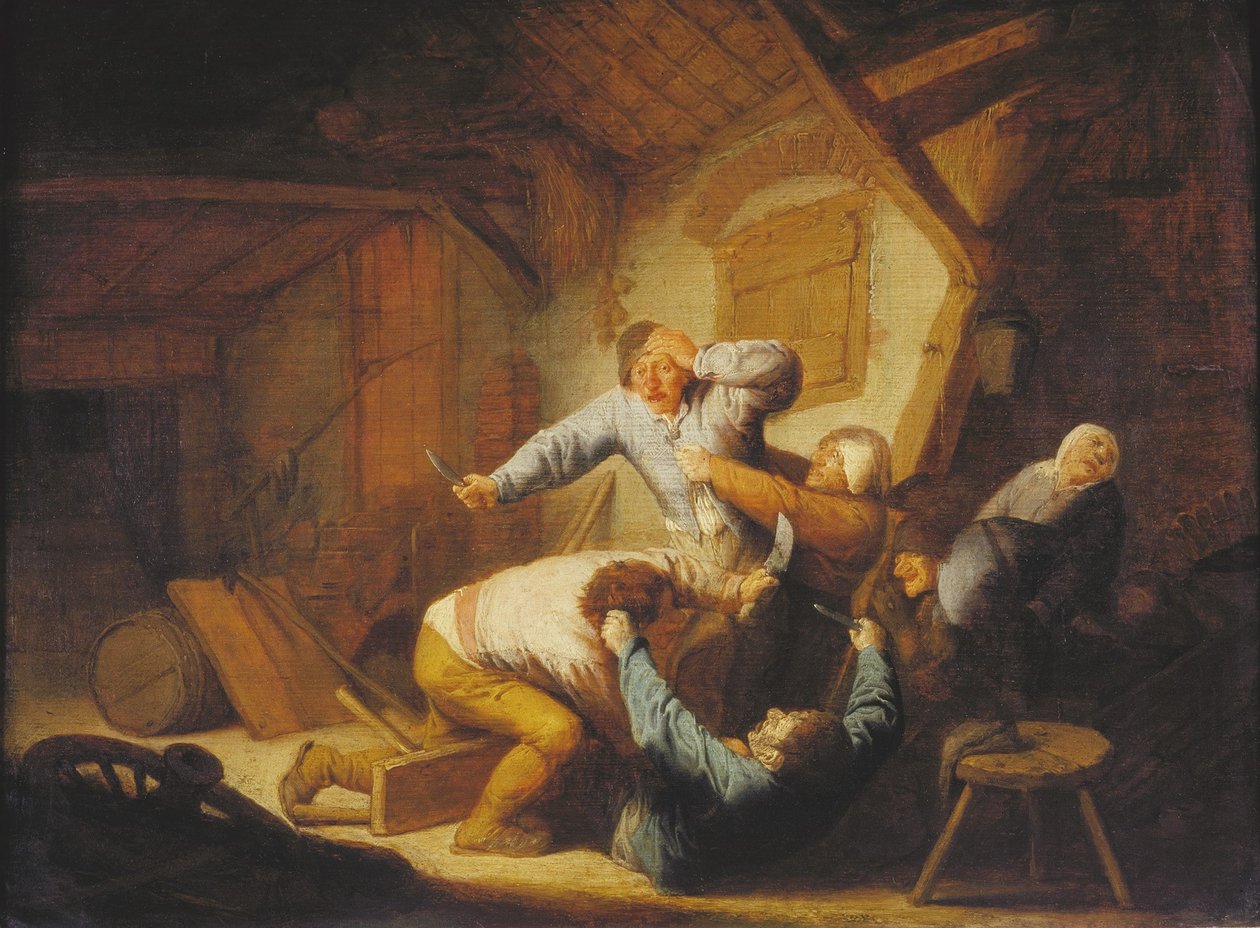 Dutch: Vechtend boerengezelschap Peasants Fighting at an Inn door Adriaen van Ostade