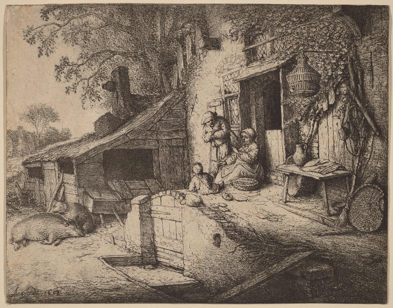 Boerderij met een boerenfamilie voor de voordeur, de vrouw spint door Adriaen van Ostade