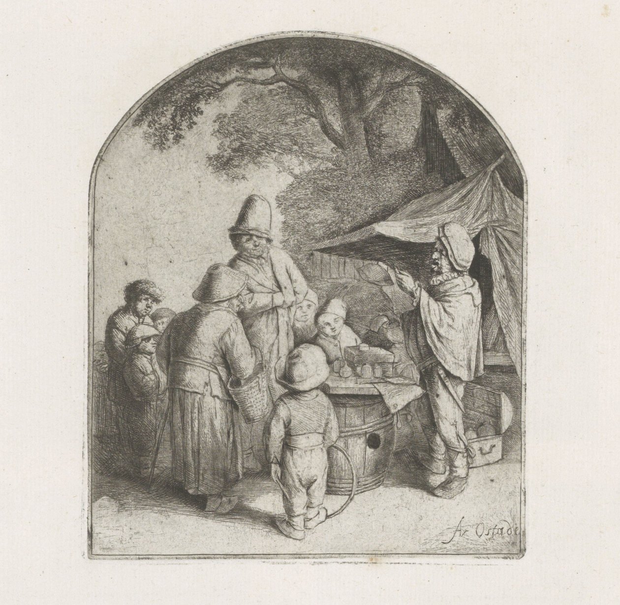 Figuren bij een kraam van een kwakzalver door Adriaen van Ostade