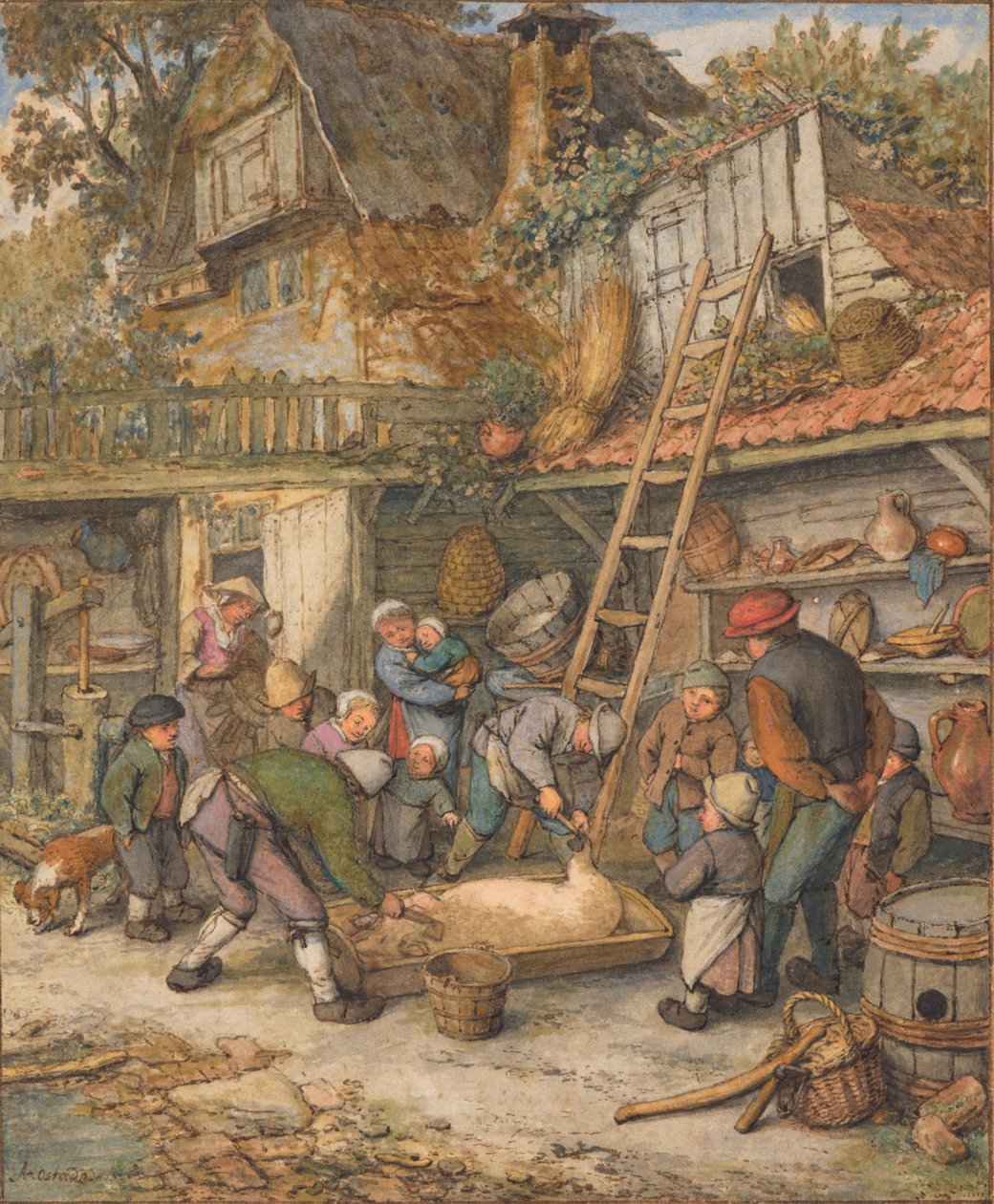 Het schrapen van een varken door Adriaen van Ostade
