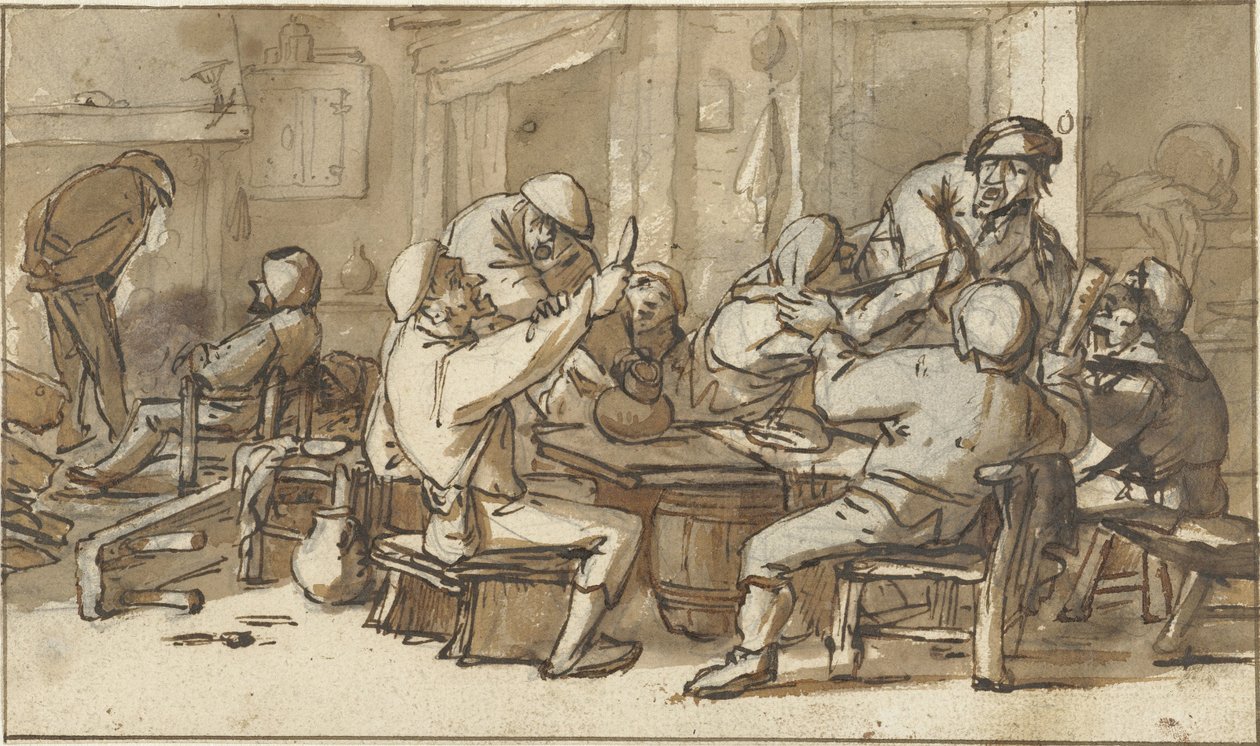 Interieur van een herberg met drinkende en ruziemakende boeren door Adriaen van Ostade