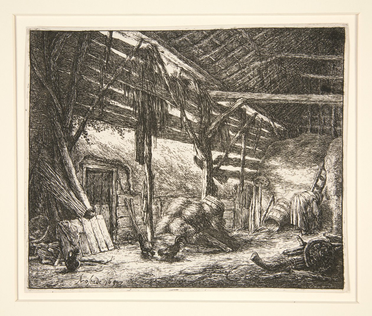 Het interieur van een schuur door Adriaen van Ostade