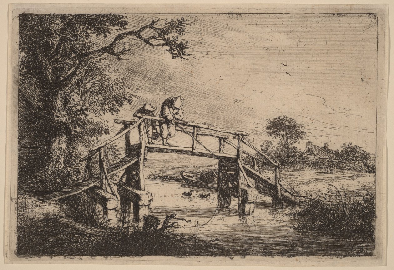 Landschap met een brug en twee vissers door Adriaen van Ostade