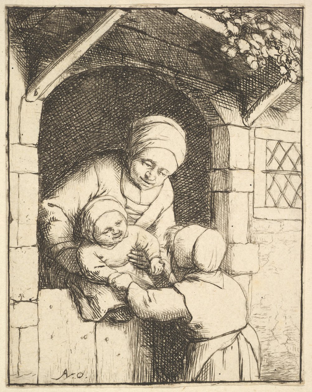 Klein Meisje Spelend met een Baby in de Armen van haar Moeder, 1610-85 door Adriaen van Ostade