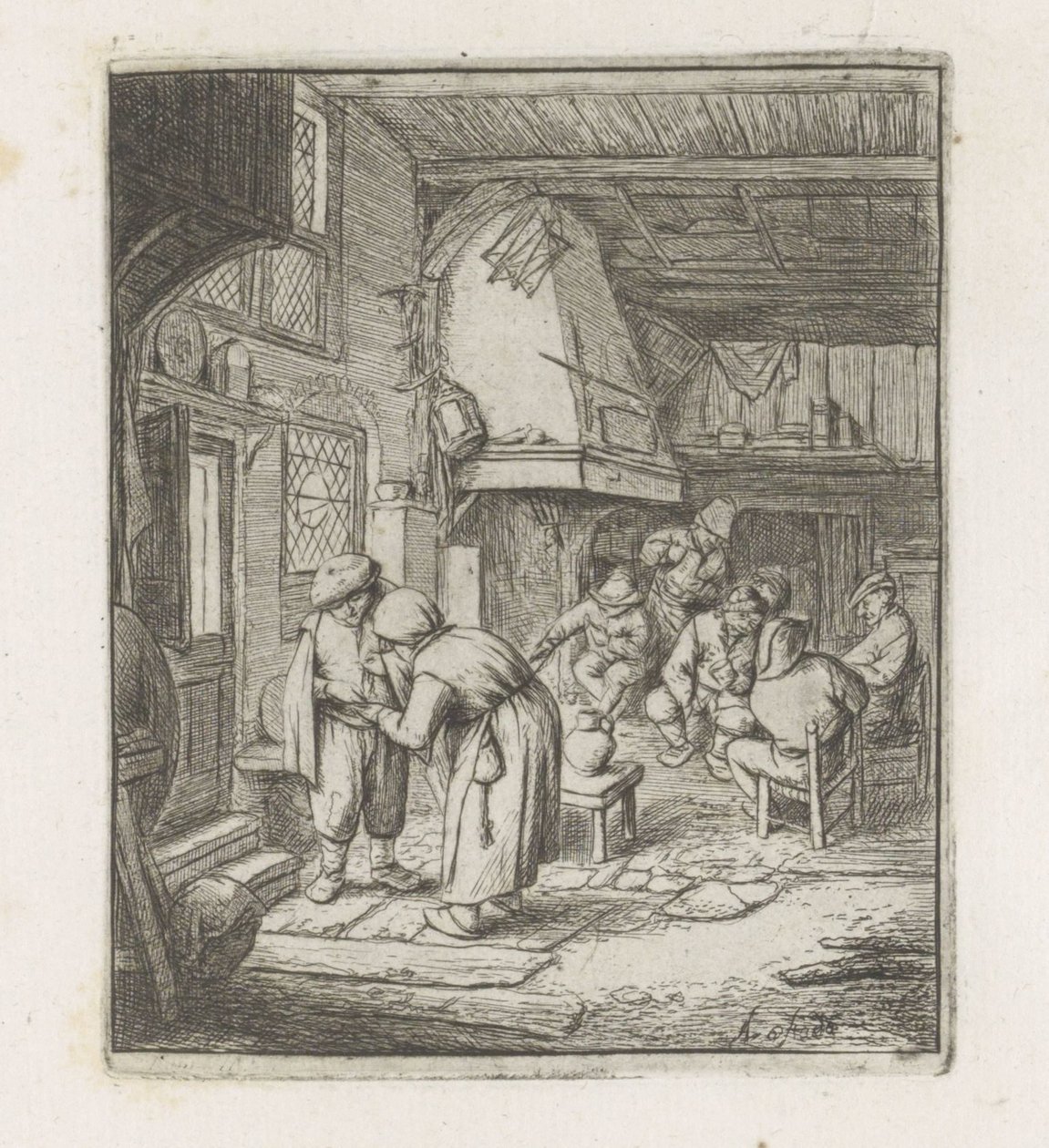 Man betaalt een vrouw in een herberg door Adriaen van Ostade