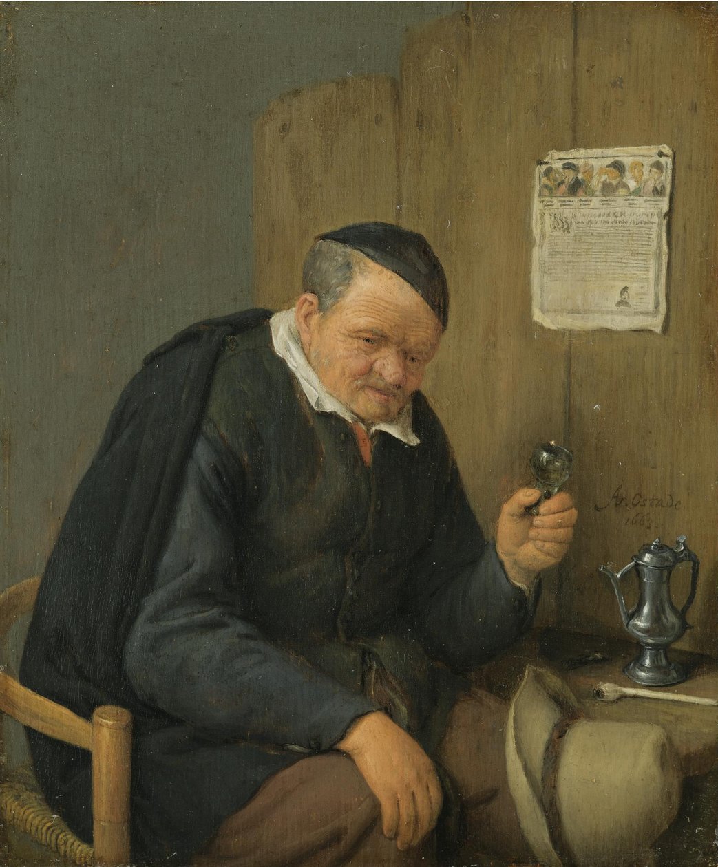 Oude man met wijnglas door Adriaen van Ostade