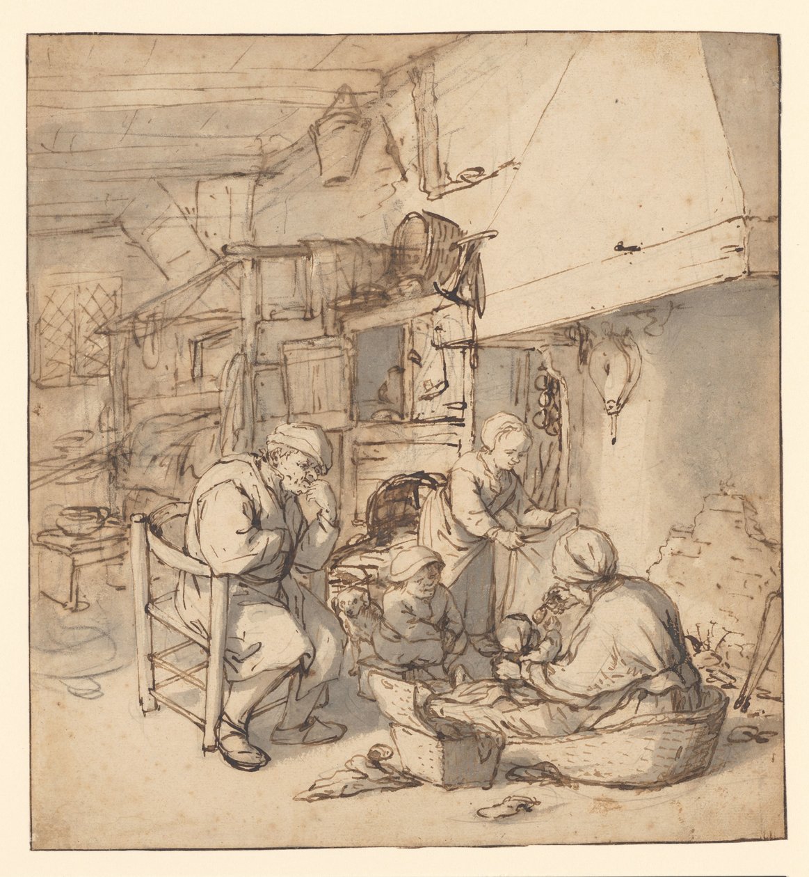 Boerenfamilie bij een haard door Adriaen van Ostade