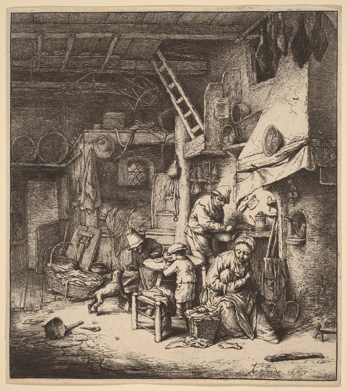 Boerengezin in een interieur met een moeder die een kind voedt door Adriaen van Ostade