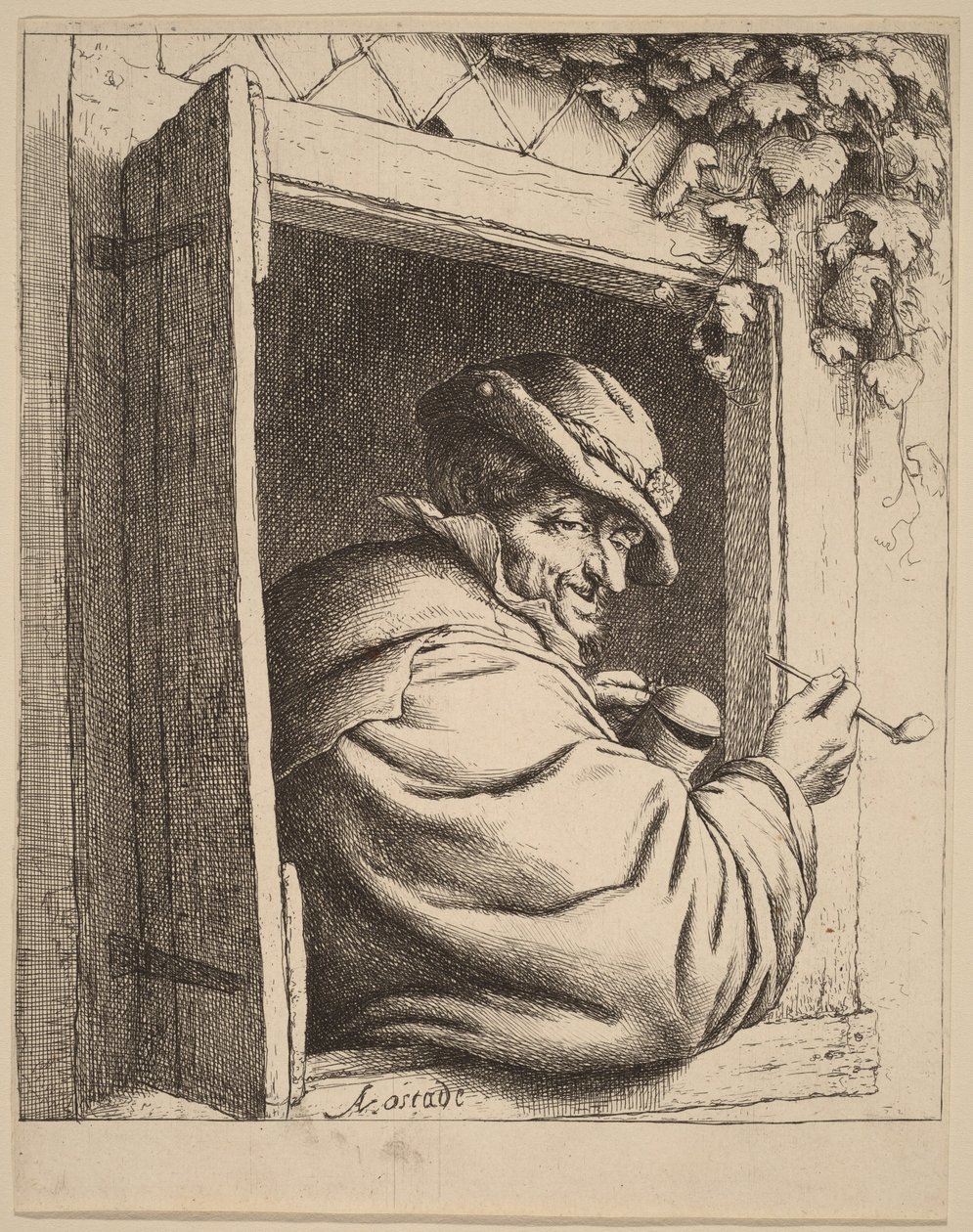 Boer bij een raam met een pijp en een kruik in zijn handen door Adriaen van Ostade