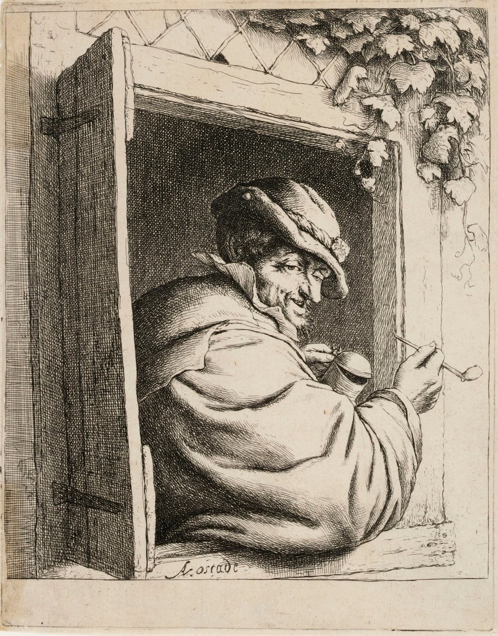 Pijproker bij het raam door Adriaen van Ostade
