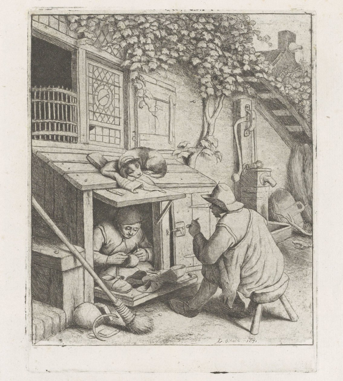 Schoenmaker in een werkplaats voor zijn huis door Adriaen van Ostade