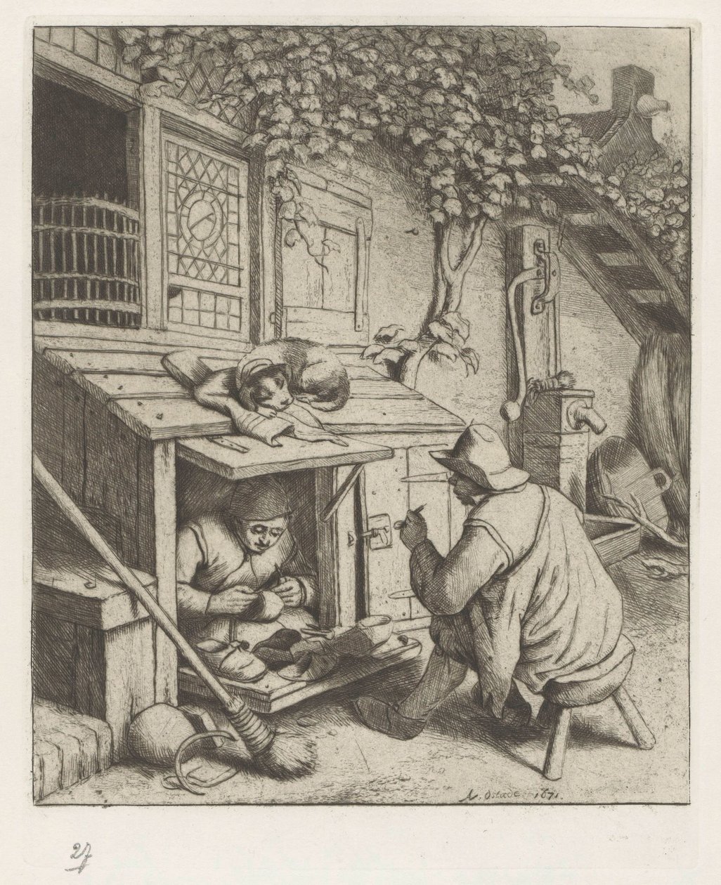 Schoenmaker in winkel voor zijn huis en een klant door Adriaen van Ostade