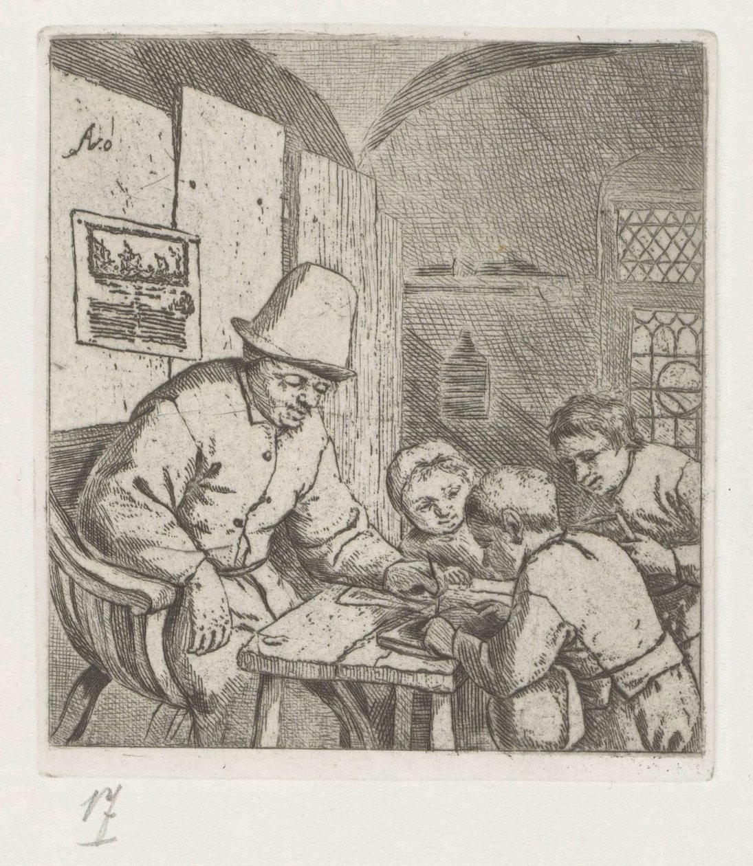Schoolmeester met drie leerlingen bij tafel door Adriaen van Ostade