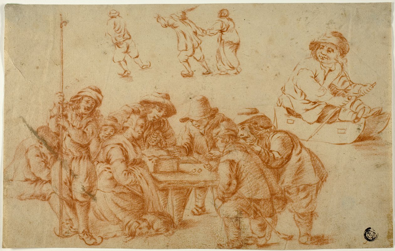 Schetsen van Boeren die Dobbelstenen Spelen en Schaatsen; Schets van Jongen op Slee door Adriaen van Ostade