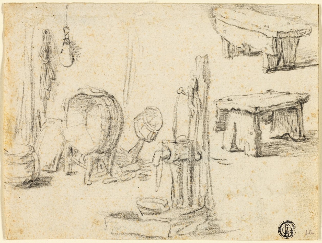 Schetsen van pomp, wastobbe, banken door Adriaen van Ostade