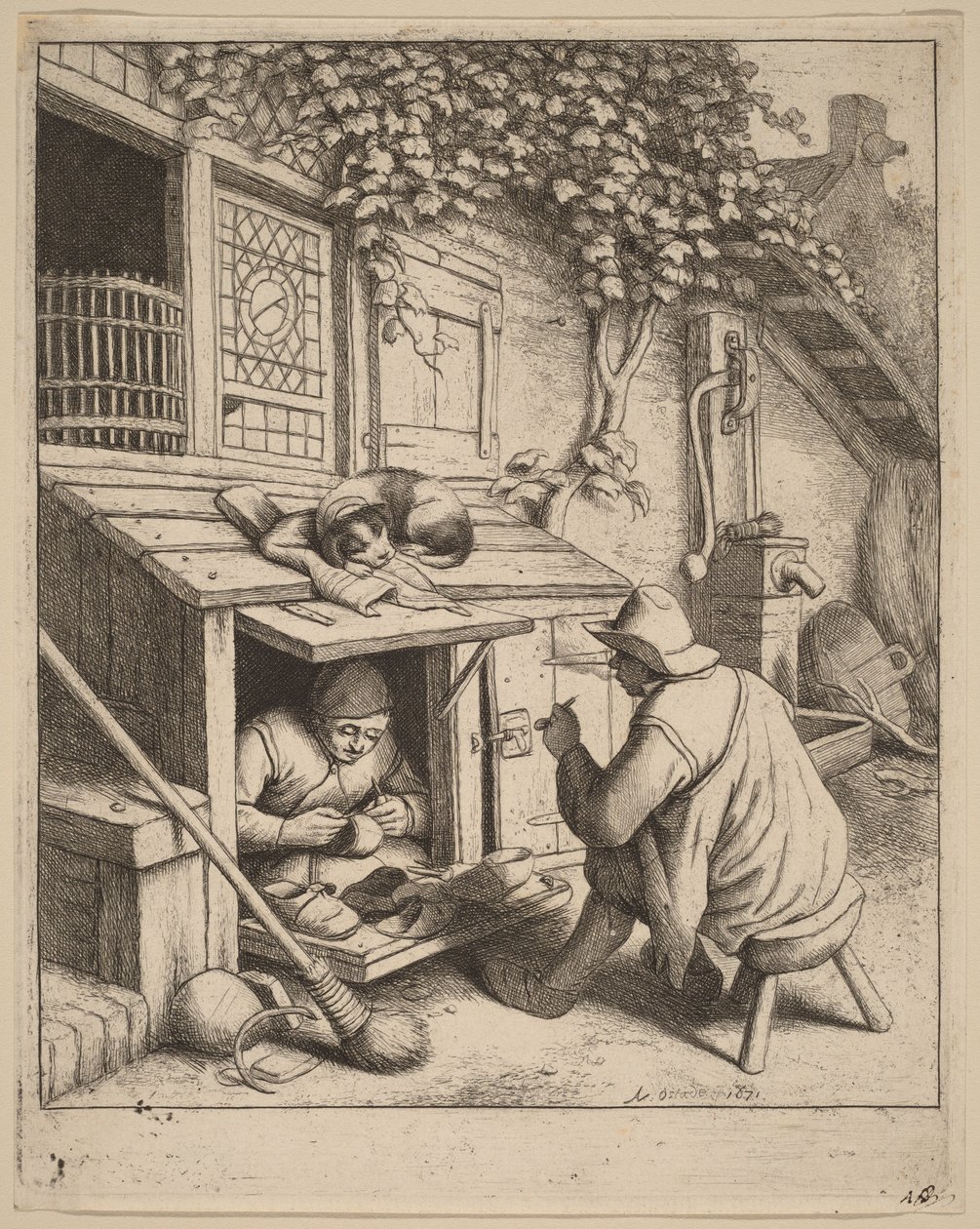 Roker op een kruk in gesprek met een schoenmaker aan het werk door Adriaen van Ostade