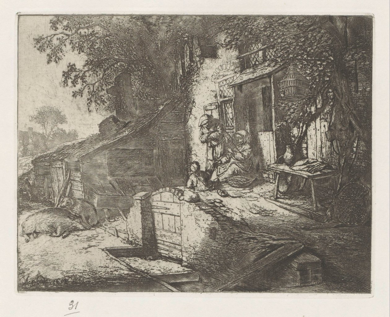 Spinnende vrouw voor een huis door Adriaen van Ostade