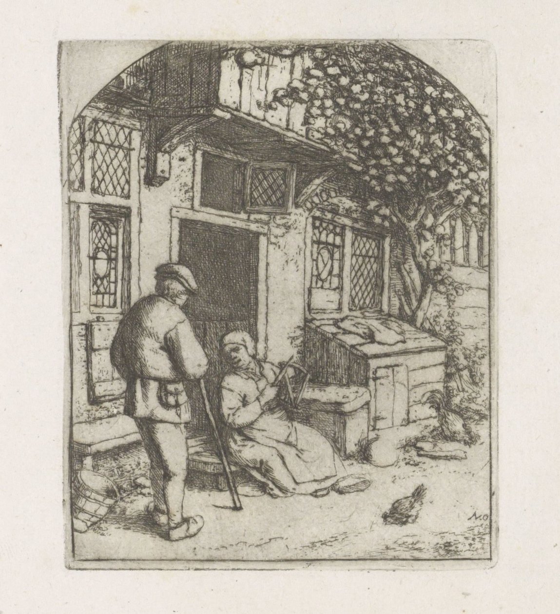 Spinster op de drempel van een huis door Adriaen van Ostade