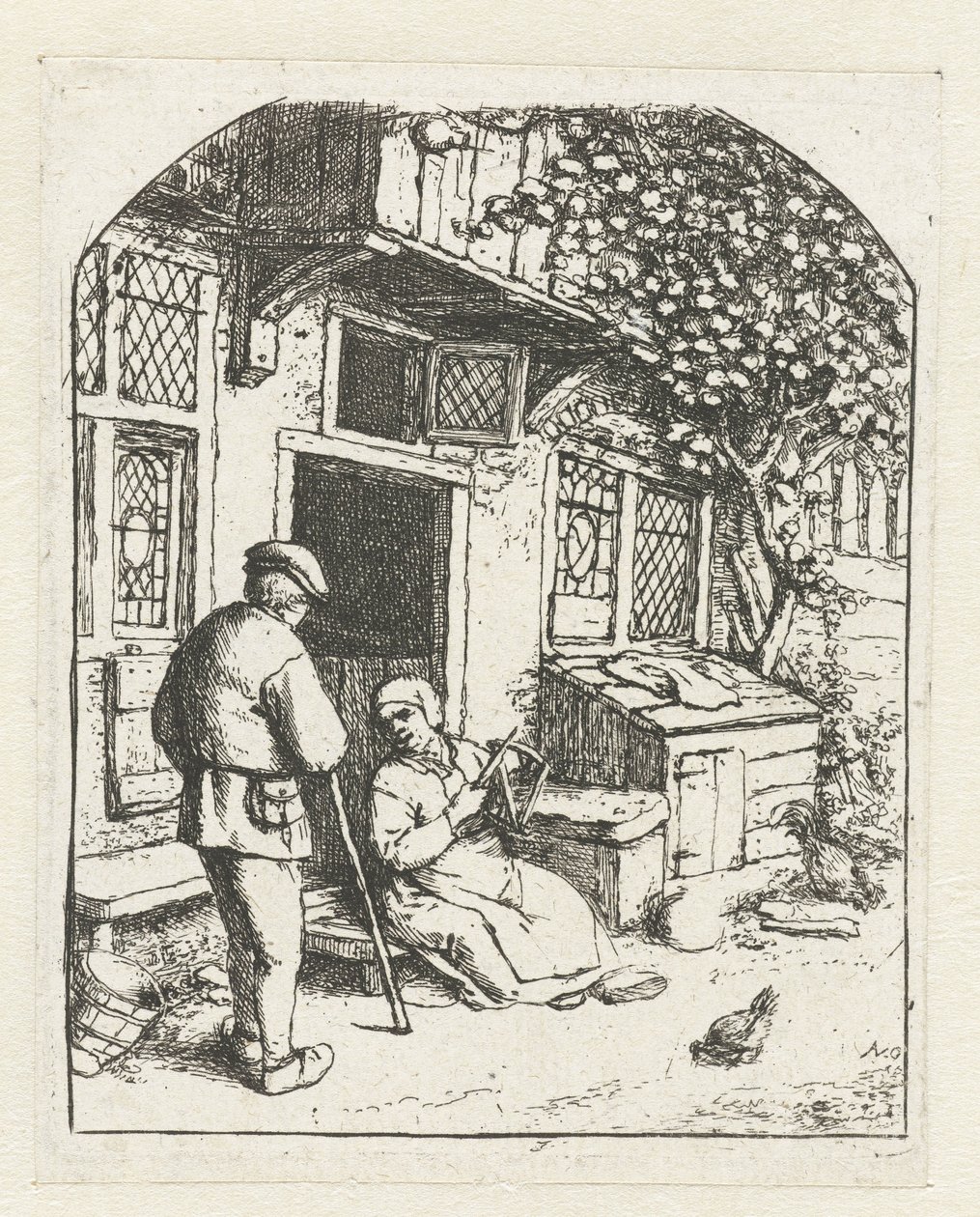 Spinster zittend op de drempel van een huis in gesprek met man door Adriaen van Ostade